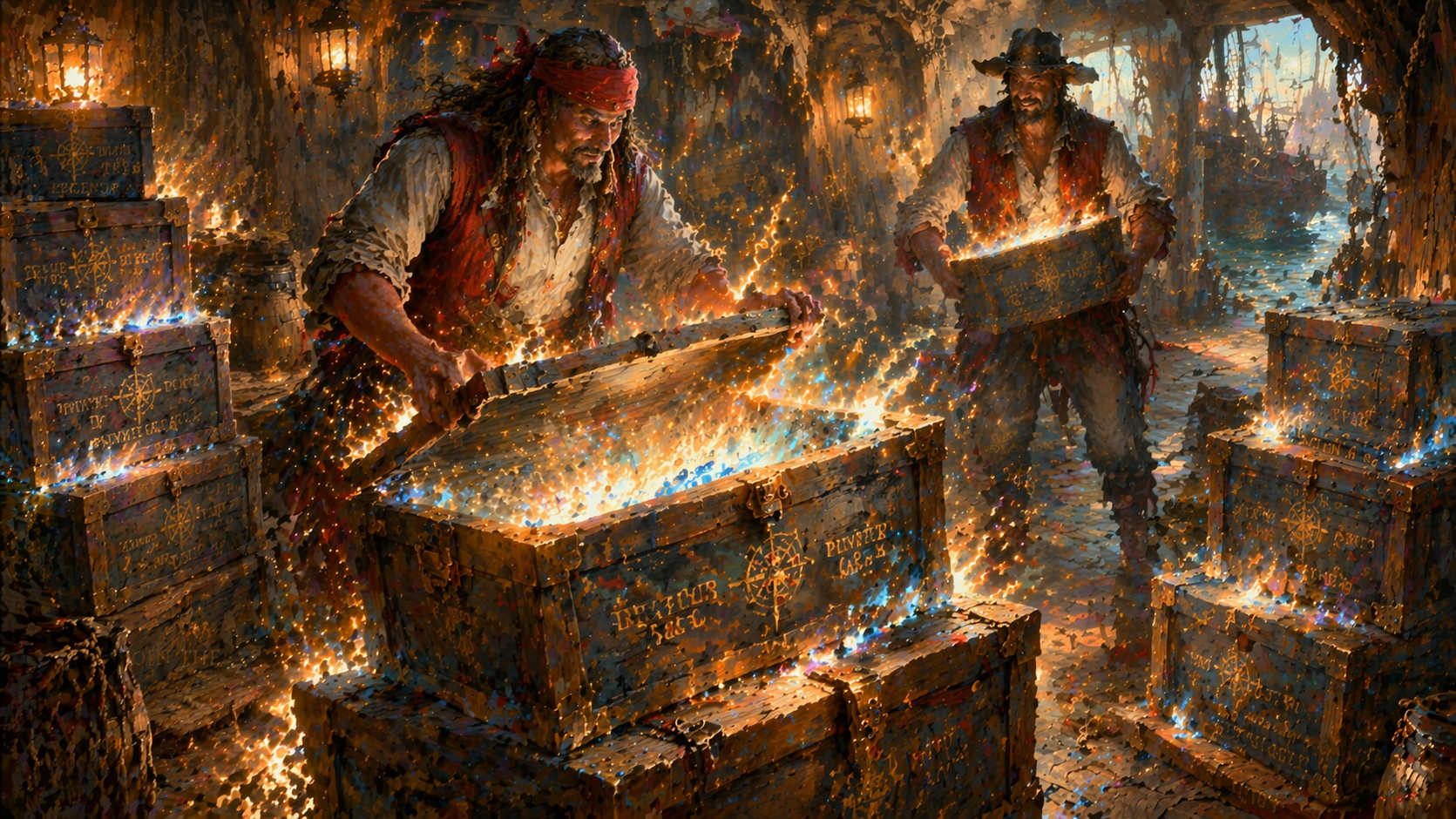 Pirates unveiling enchanted treasures in a cargo hold