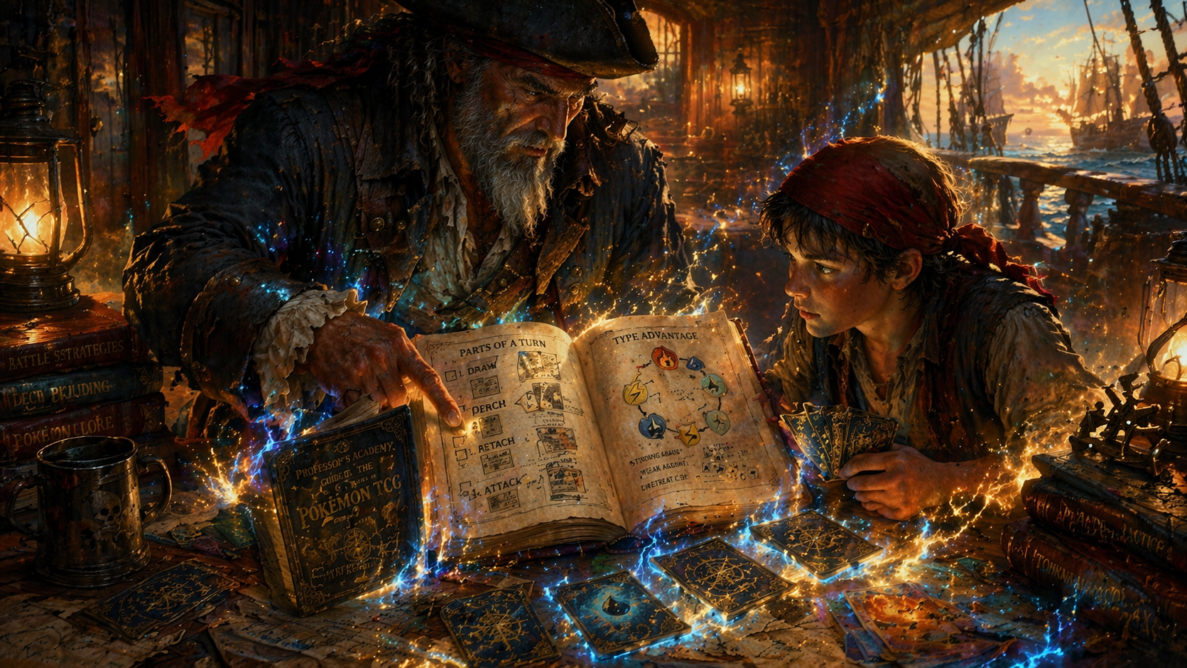 Pirate mentor and apprentice studying card guides at sunset