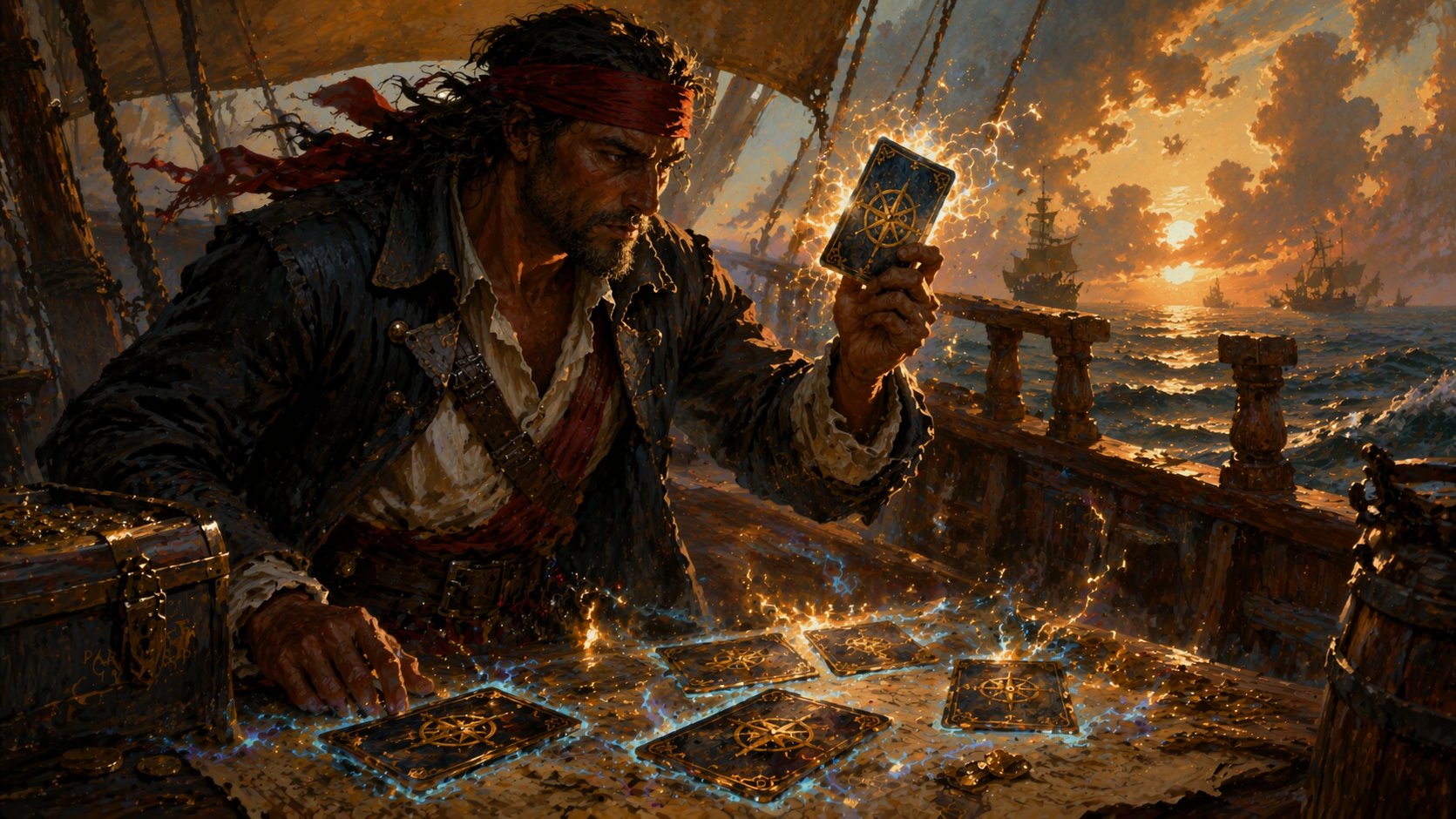 Pirate with enchanted cards at sunset